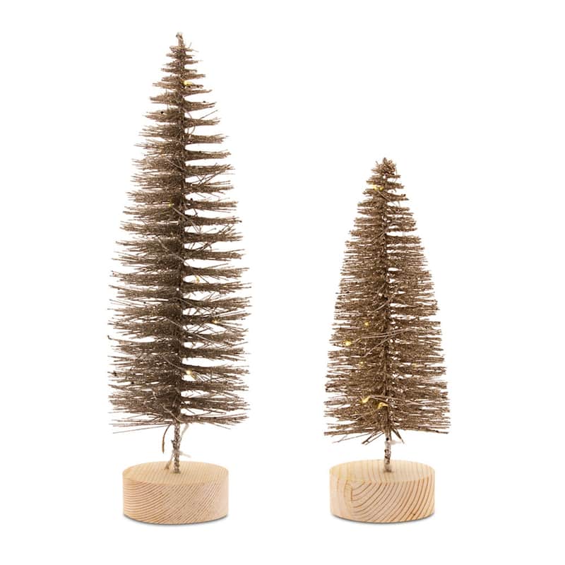 LED Lighted Bronze Bottle Brush Tree with Wood Base (Set of 4)