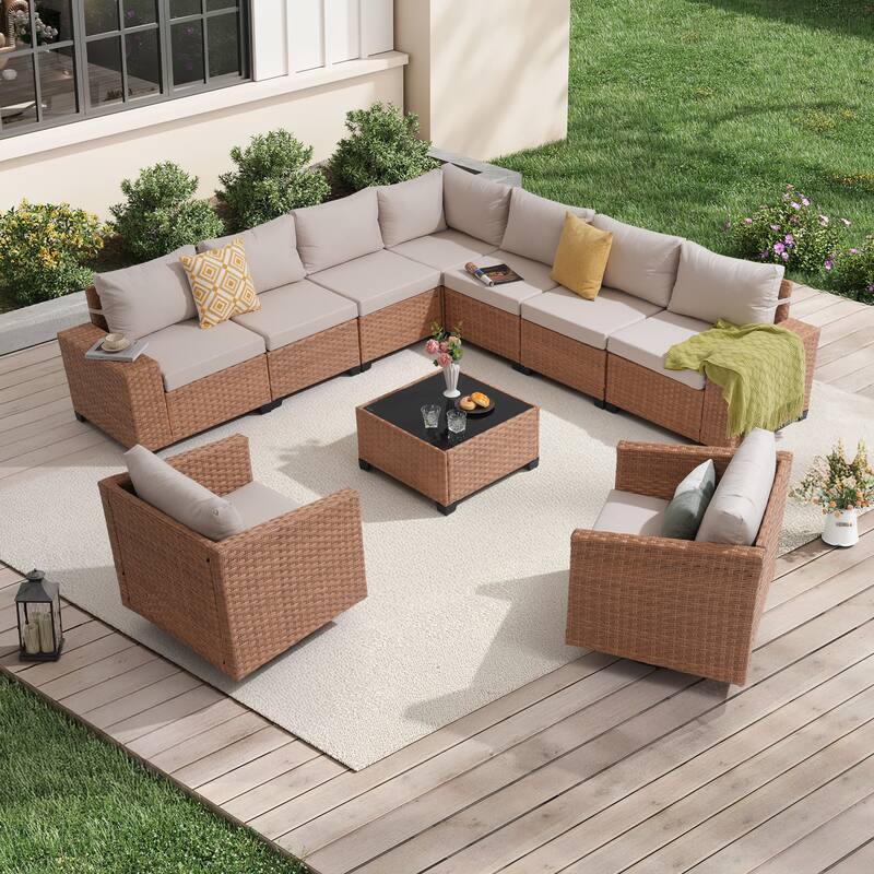 Outdoor Conversation Set L-Shaped Corner Sectional Sofa 10-Piece with Swivel Chair and Coffee Table PE Wicker Rattan