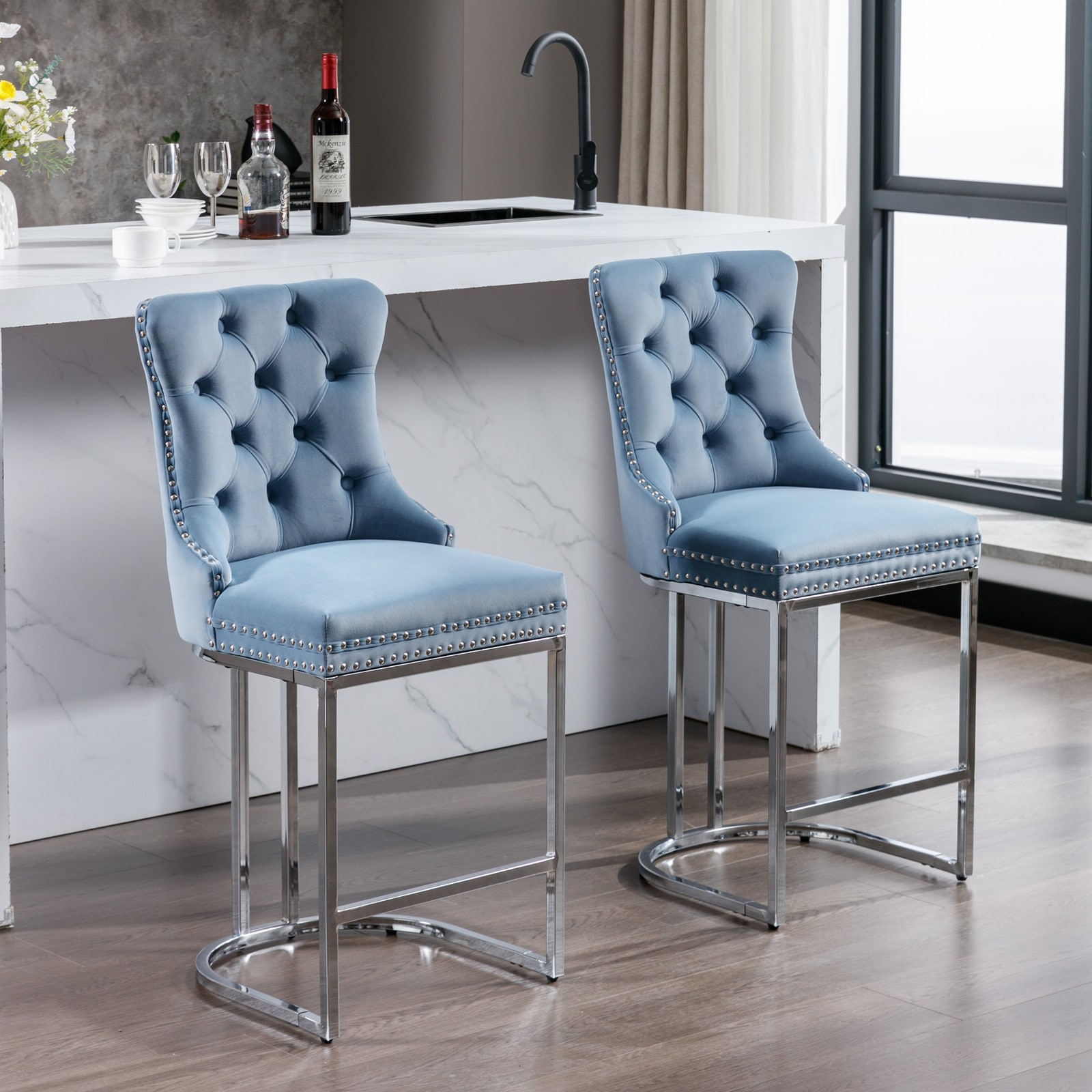 Blue leather counter discount height stools