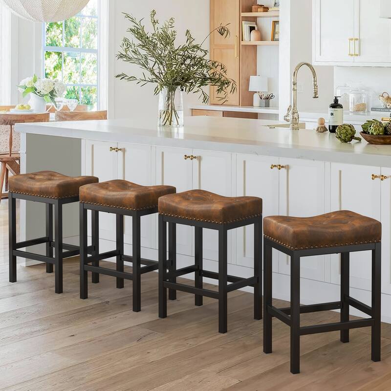 Backless Cushioned Faux Leather Bar Stools Counter Height Stools with Metal Frame - 24" H