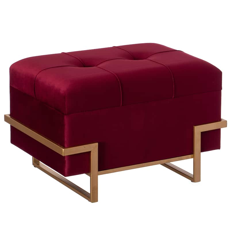 Rectangle Velvet Storage Ottoman Stool Box with Abstract Golden Legs | Decorative Sitting Bench with Unique Base Support - Red Small