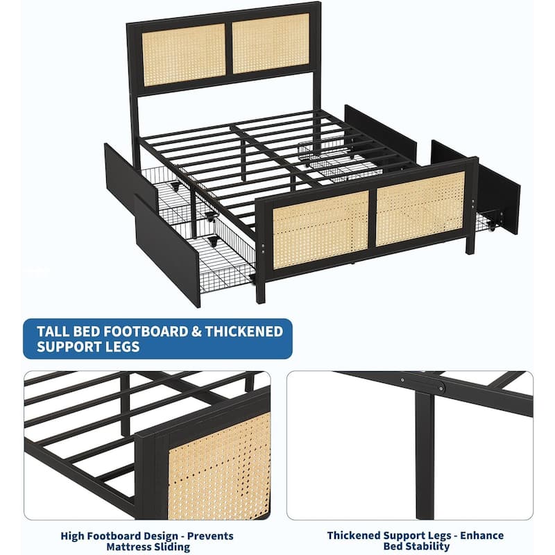 Rattan Bed Frame with Headboard, with 4 Drawers