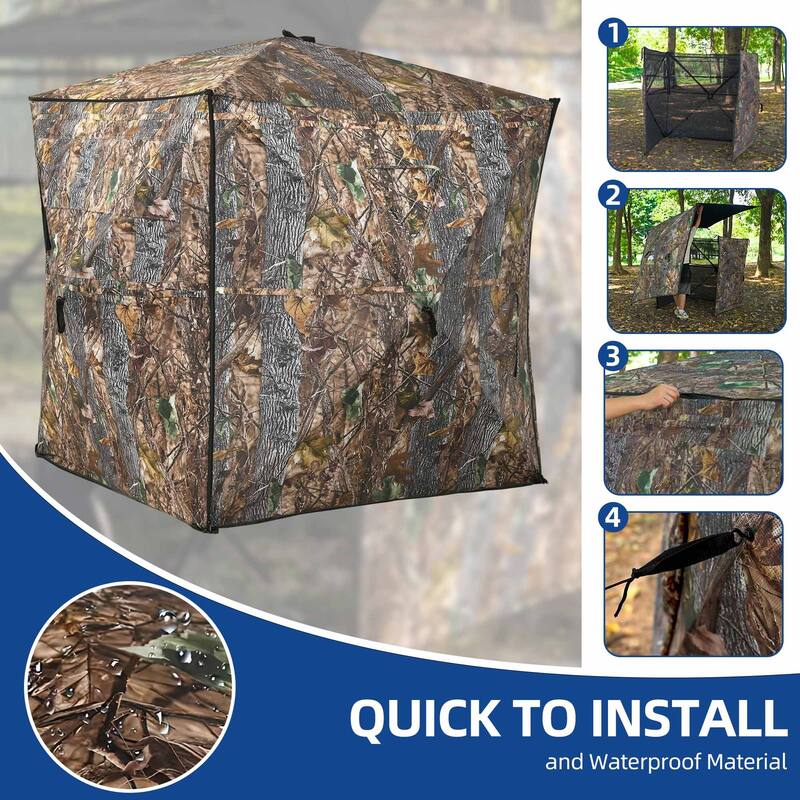 Moasis Hunting Blind 2-3 Person with Hunting Stool, 360 Degree See Through Pop up Ground Blinds for Hunting