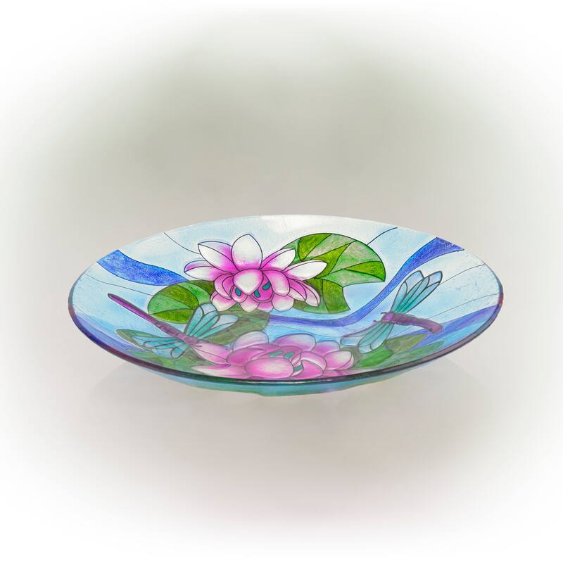 Alpine Corporation 18" Glass Birdbath Topper with Purple Dragonfly Painted Finish