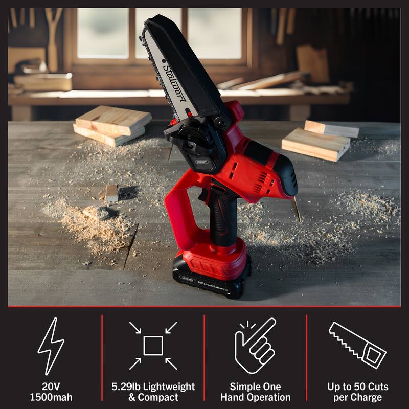 Mini Chainsaw - 5-Inch Chain Saw with 20V 1500mah Lithium Ion Battery, Charger, Carry Case - Handheld Saw by Stalwart (Black)
