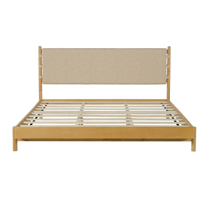 Premium Rubber Wood Platform Bed Frame, King Bed Frame with Headboard Included, Mid Century Modern Bed With Walnut+Light Grey