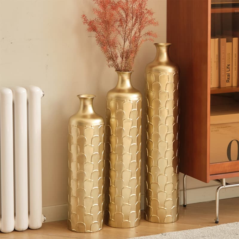 Decorated Floor Glazed Metal Vases (Set of 3)