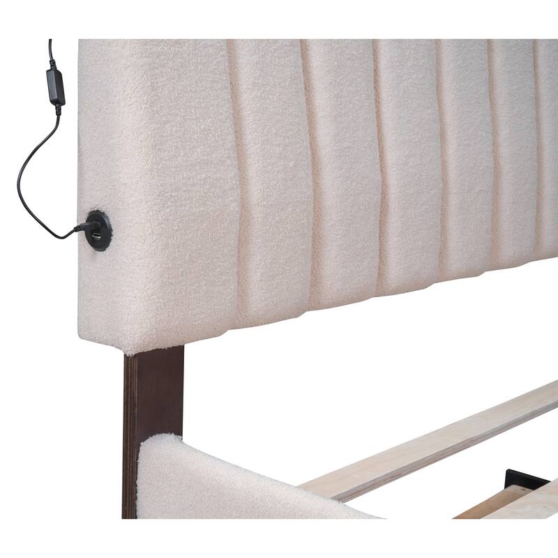 Teddy Fleece Upholstered Platform Bed with Trundle, USB Ports, and LED Light