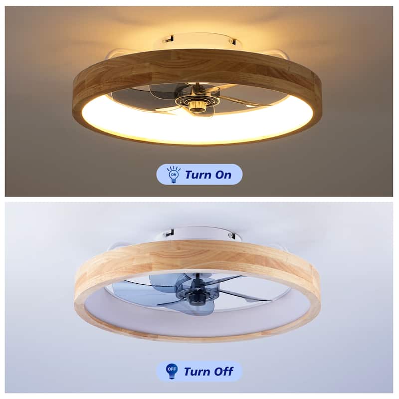 20" Farmhouse Natural Wood Flush Mount Ceiling Fan with Dimmable LED Light and Remote