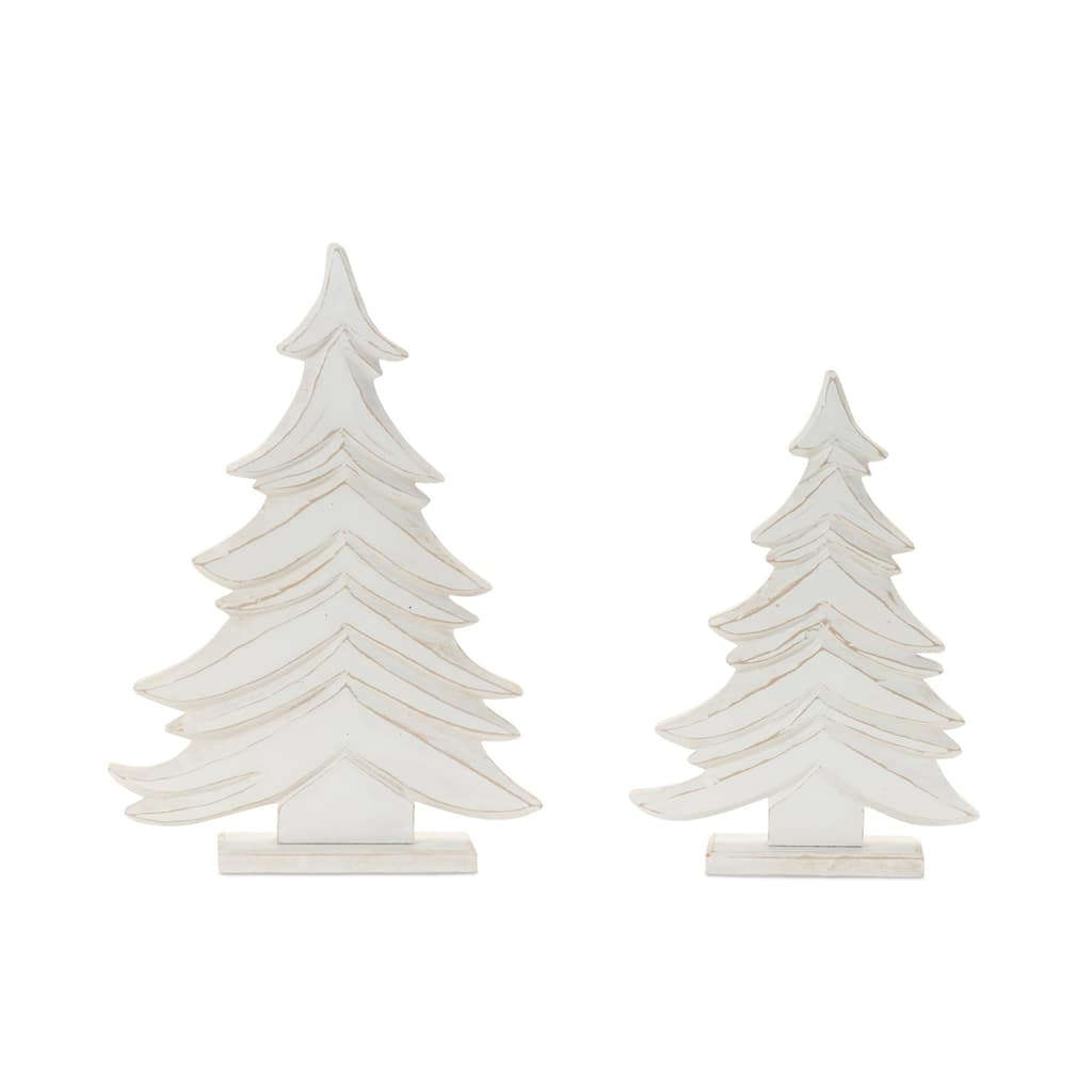 Layered Wooden Pine Tree Christmas Decorations - 17" - White - Set of 2