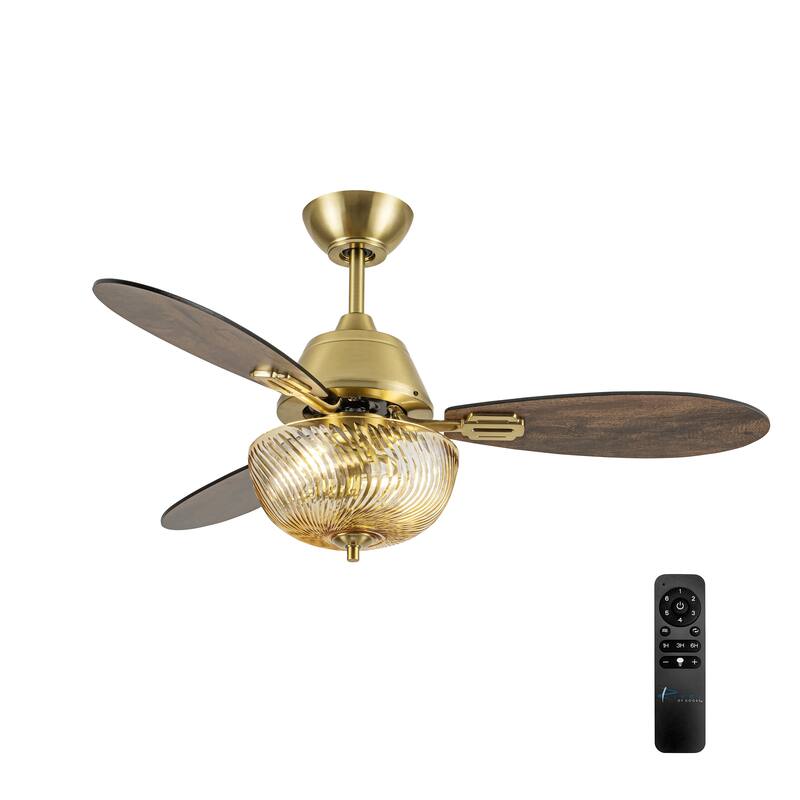 Coco River of Goods 3-blade 42-inch Glam Indoor Ceiling Fan with Blue Hand-Cut Glass Shade and Remote Control - 42" x 42" x 18.75" - Amber & Gold - Remote