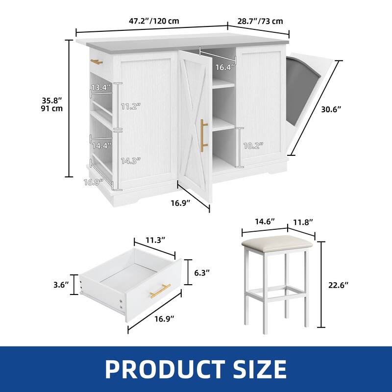 Moasis Rolling Kitchen Island with Trash Can Storage Cabinet and 2 Bar Stools