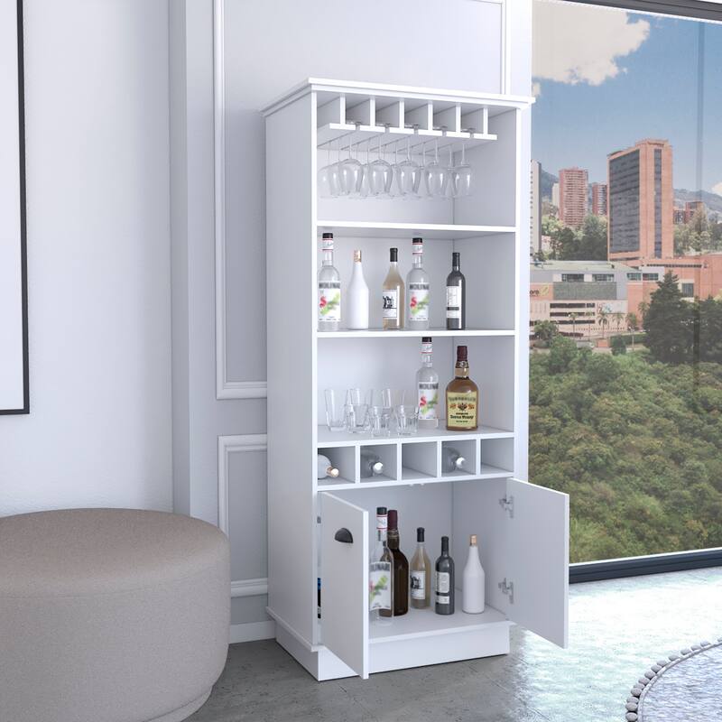 Dundee 70-Inch High 10-Glass Bar Cabinet with 5 Cubbies