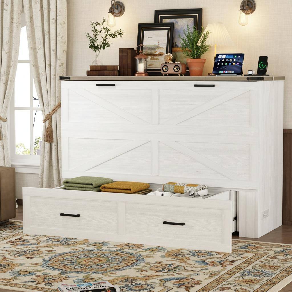 Rustic Fold-Out Murphy Cabinet Bed with Charging Ports & Deep Storage Drawer by Harper&Bright Designs