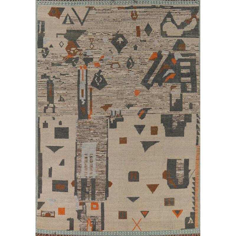 Earth Tone Moroccan Abstract Area Rug Handmade Wool Carpet - 9'0" x 12'4"