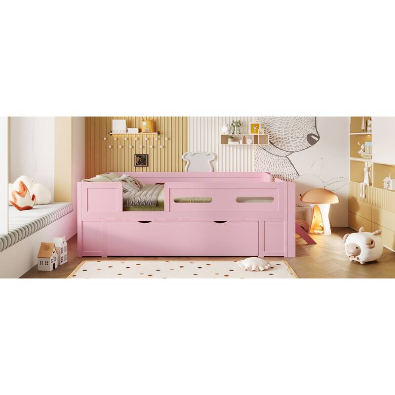 Roomfitters Full/Twin Size Wood Platform Bed with Underbed Storage Drawer and Safety Guardrails, Modern Low Loft Frame