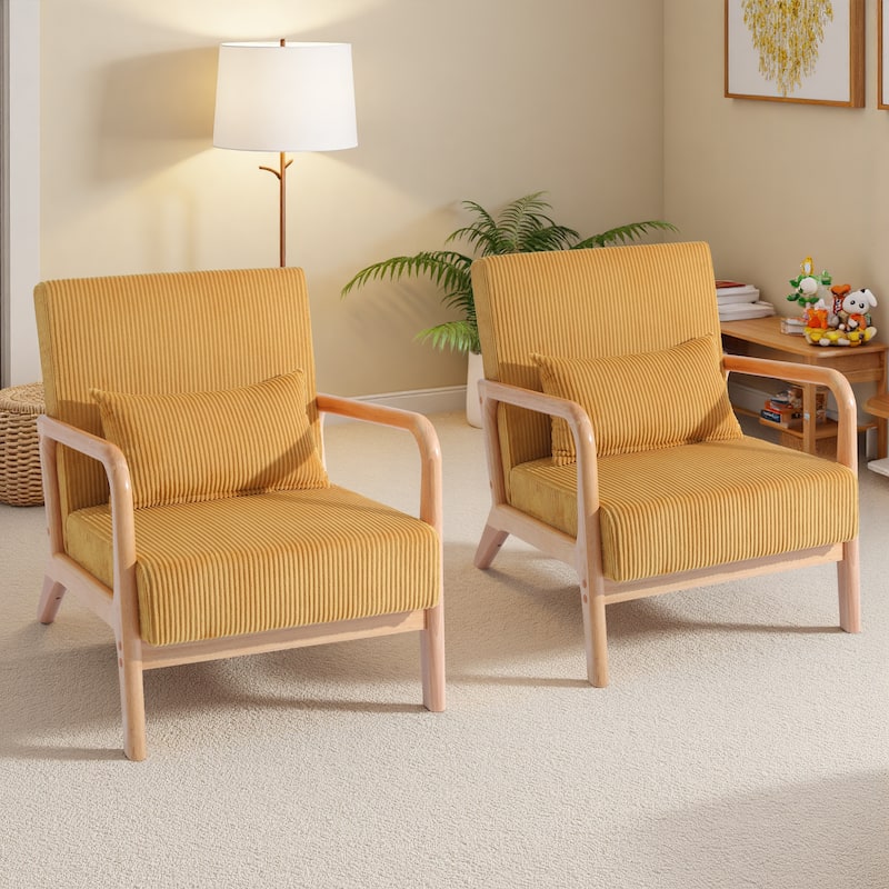 25" W Mid Century Upholstered Wood Accent Chair with Pillow set of 2