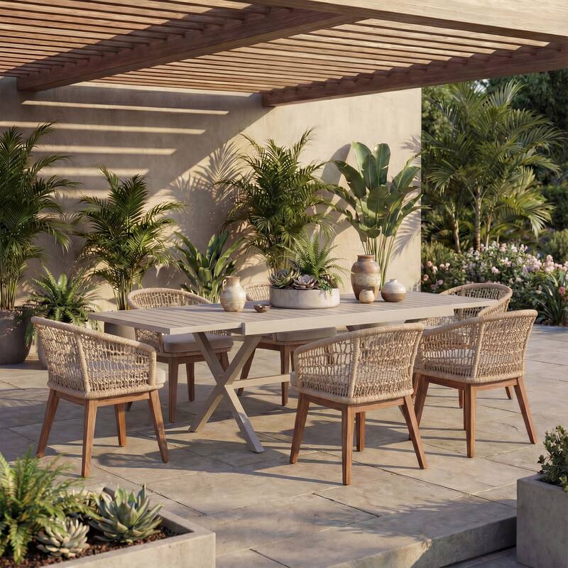 Expandable Aluminum Outdoor Dining Table with 6 Rope Woven Chairs