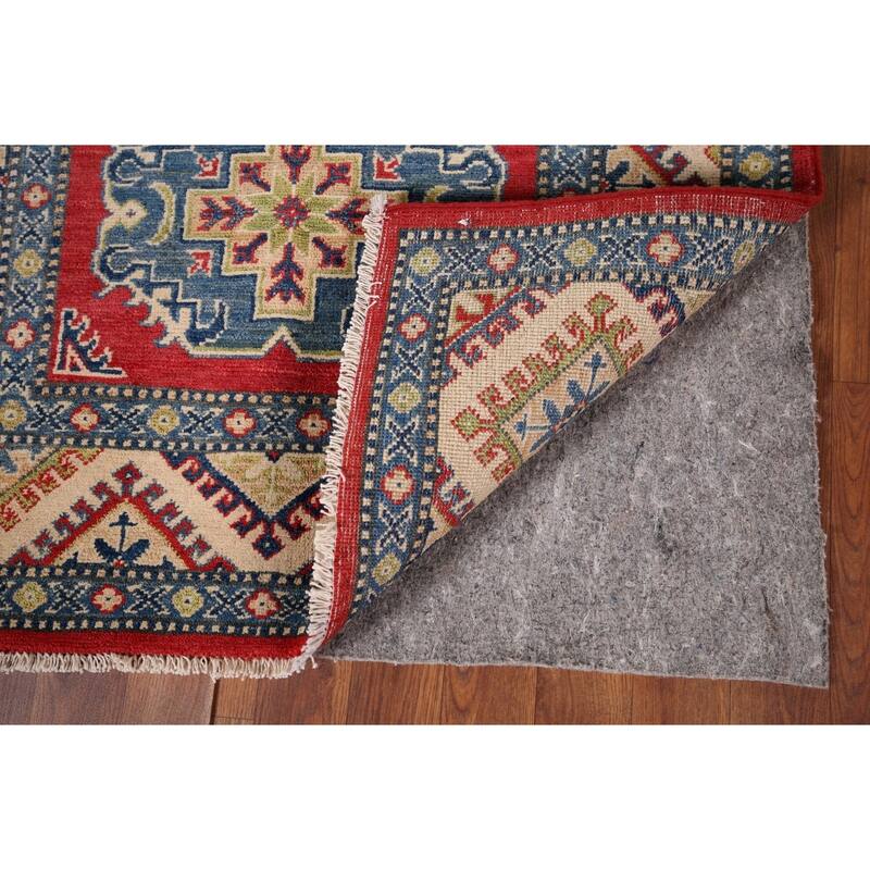 Geometric Kazak Accent Rug Hand-Knotted Red Wool Carpet - 3'3" x 4'9"