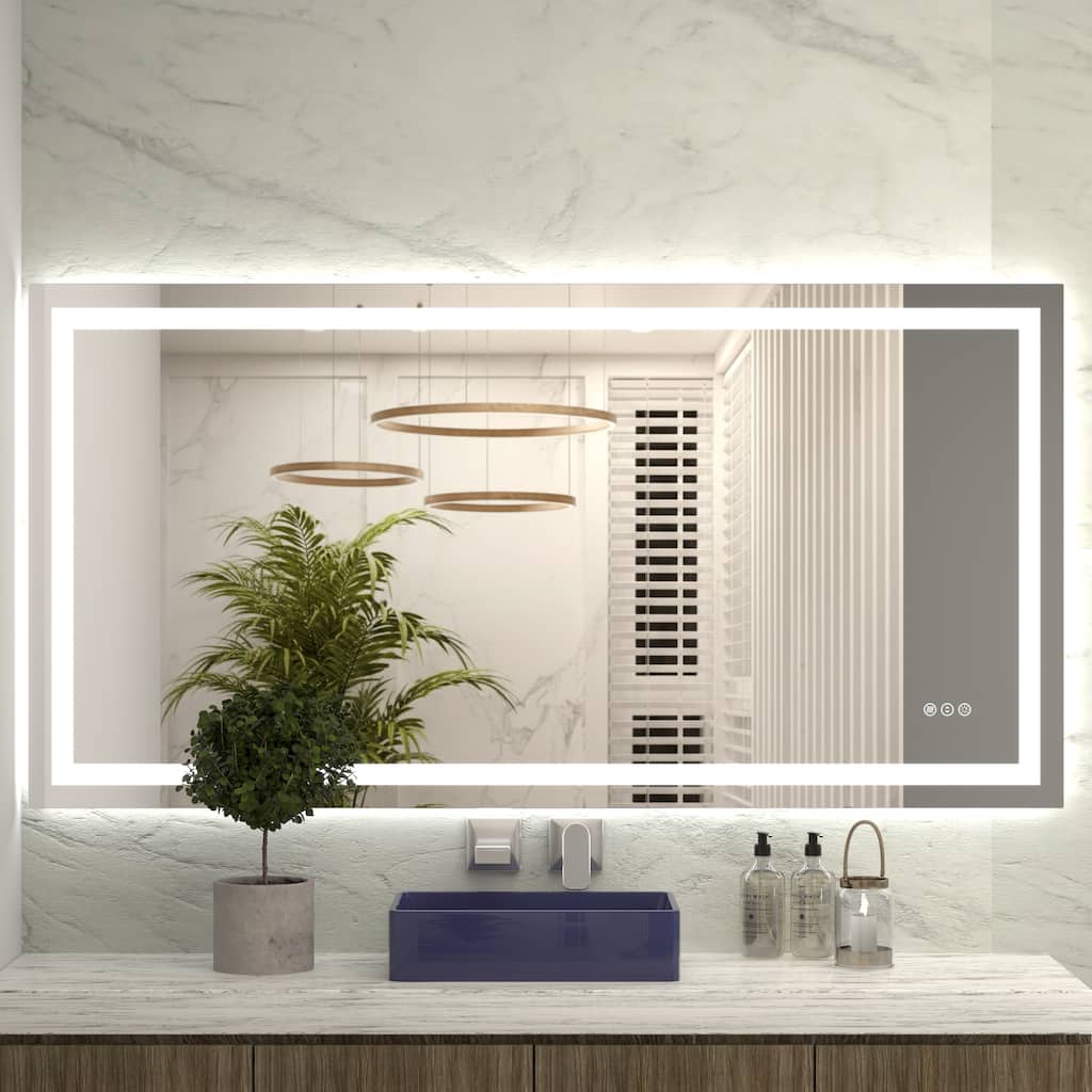 60 x 28 Inch LED Bathroom Mirror with Front and Backlight, Wall Mounted Vanity Mirror, Anti-Fog, Memory, 3 Colors