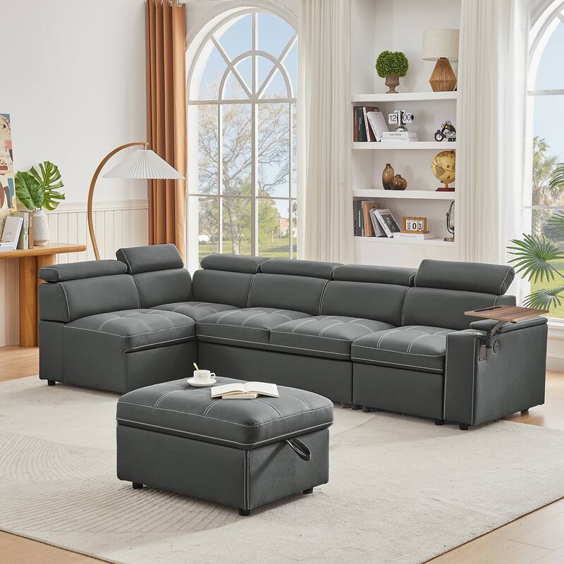 Modern Sectional Sofa Bed with USB Ports and Storage Ottoman and Swivel Table for Living Room and Guest Room - Grey