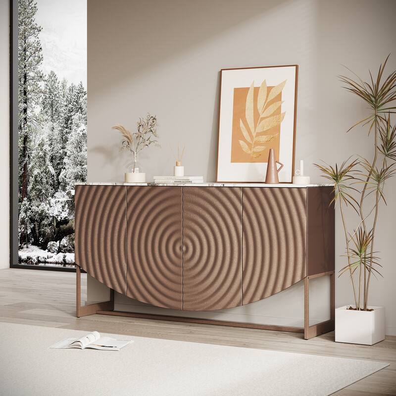 3D Wave Texture Sideboard with Marble Top - Modern Luxury Buffet Cabinet for Living & Dining Room Storage