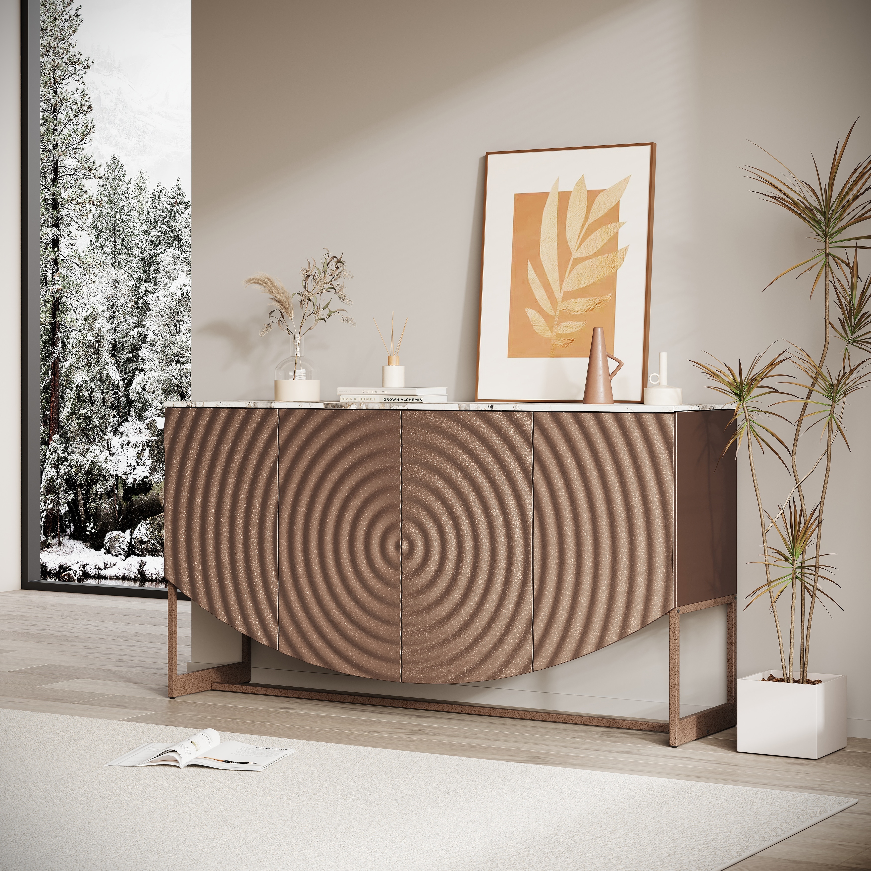 Unique 3D Wave Texture Sideboard: Marble-Like Countertop, Modern Luxury Style – Multi-Functional Storage .