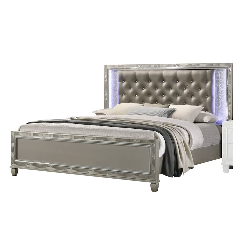 Bet Queen Bed, Silver Faux Leather Upholstery, LED, Crystal Accents, Brown