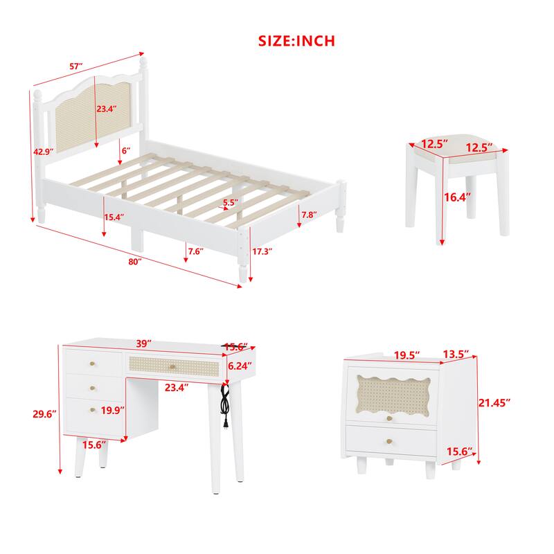 Wooden Platform Bed with Rattan Headboard Curved Wingback Bed Vintage Bed Frame Wood Slat Support Bed with Underbed Storage