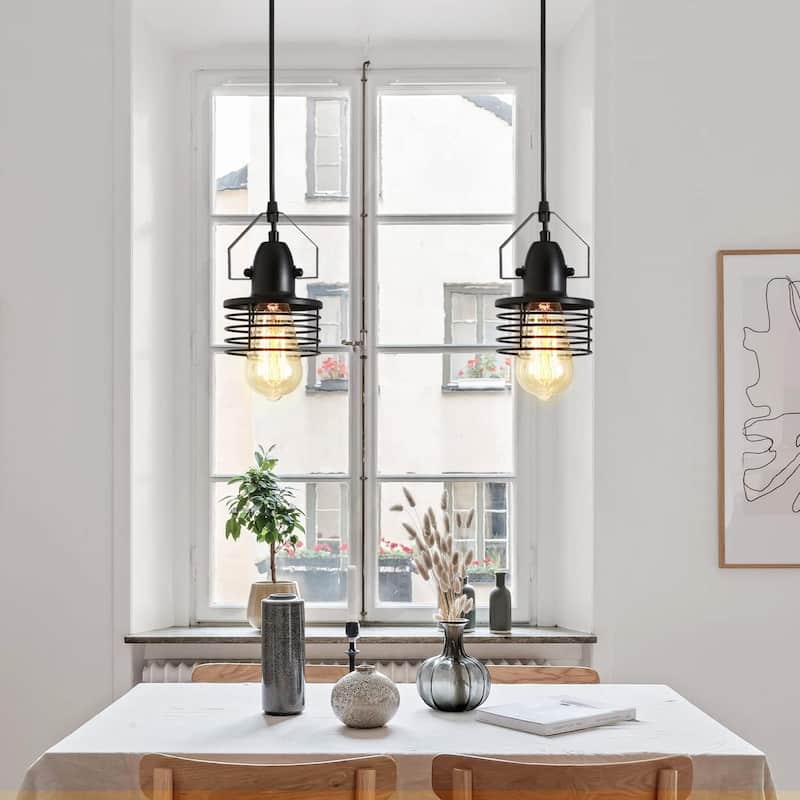 Industrial Black Pendant Light Metal Cage Pendant Lights Dining Room Hanging Lighting,Spring Shade,E26 Bulb(1 Light)