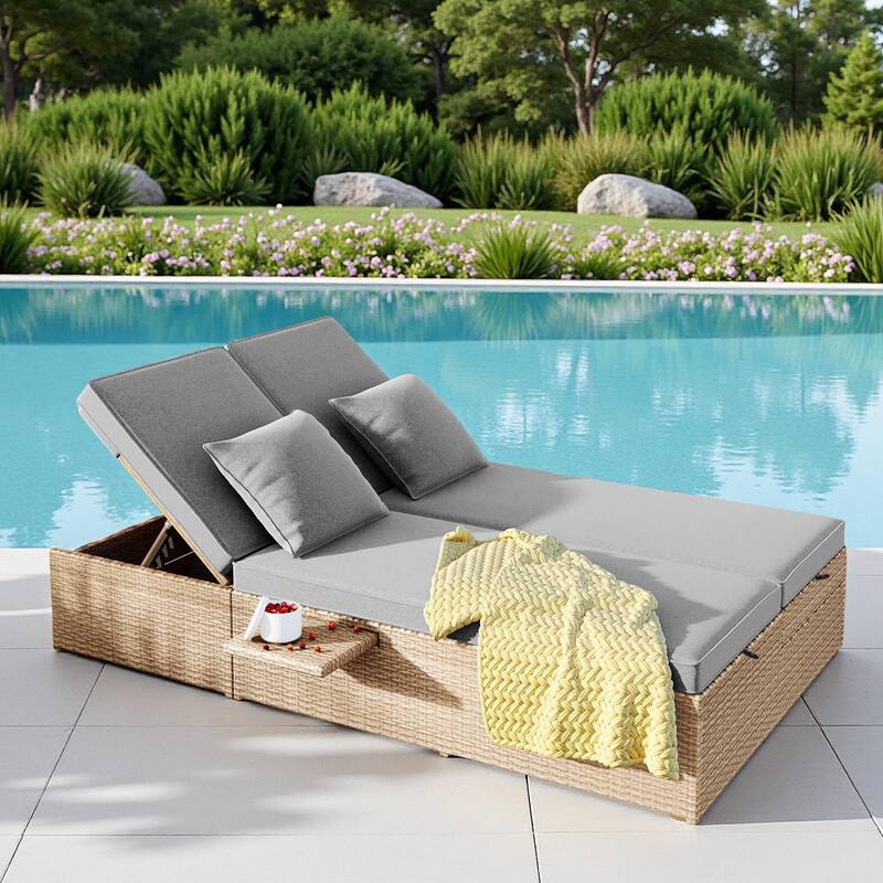 Outdoor Patio Rattan Double Daybed Sunbed with Adjustable Backrest and Seat - Brown