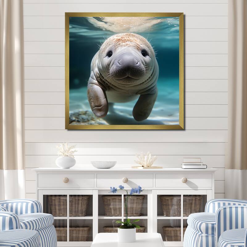 Designart "Curious Manatee Gaze III" Manatee Wall Decor Blue Modern Entryway Framed Wall Art - 36 in. wide x 36 in. high - Gold
