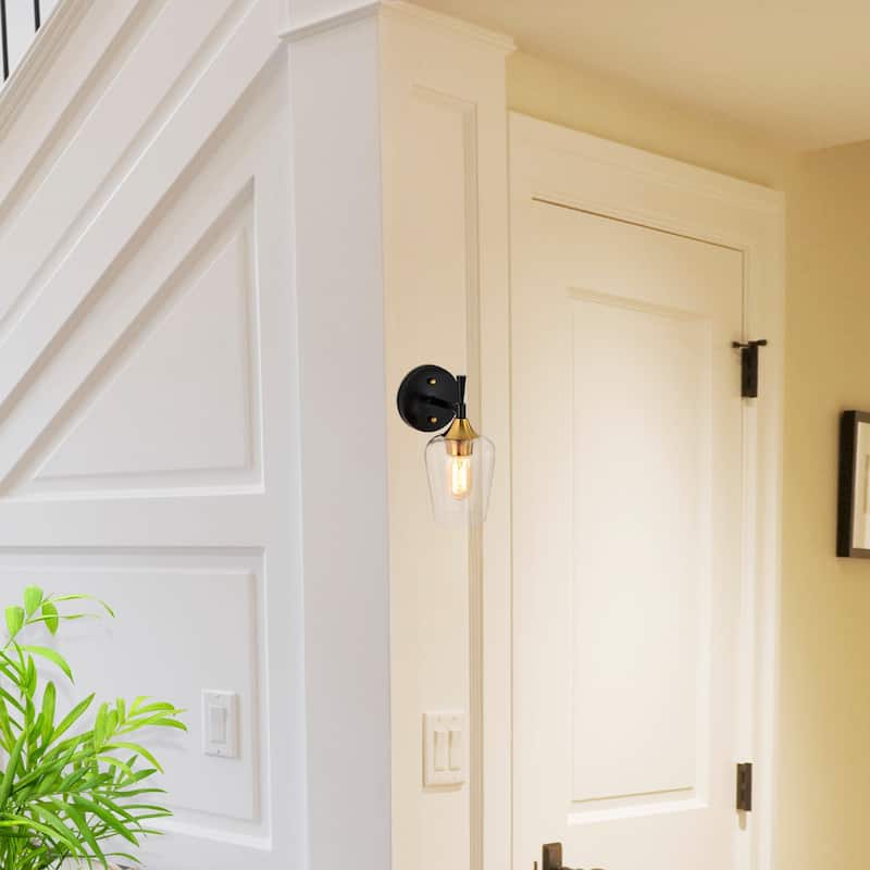 Black and Antique Brass 1-Light Indoor Wall Sconce with Clear Glass Shade