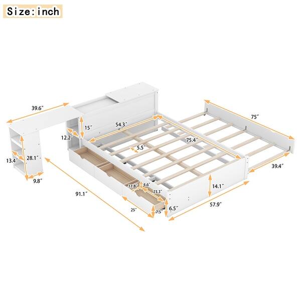 dimension image slide 1 of 3, Full Size Platform Bed with Trundle and Drawers Wood Full Bed Frame with a Rolling Shelf Platform Bed with Desk - White