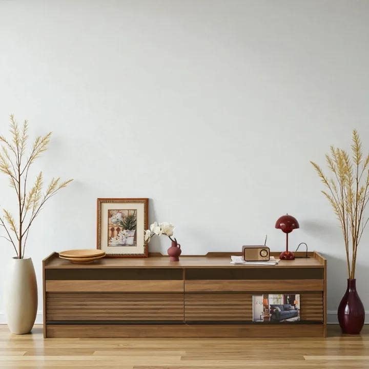 68.9" Modern TV Stand with 4 Glass-Front Drawers, Built-in USB/Type-C Charging Ports, LED Lighting, Media Storage - Walnut