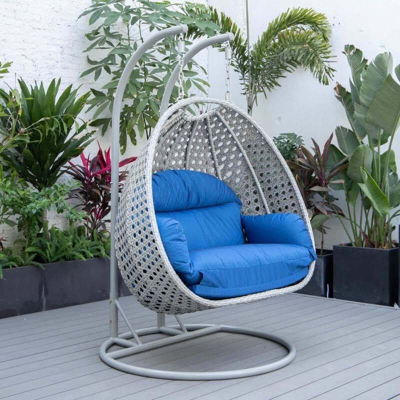 Mendoza 2-Person Hanging Egg Swing Chair with Iron Metal Stand Handcrafter Grey Wicker Hammocks for Outdoor Patio or Indoor Use