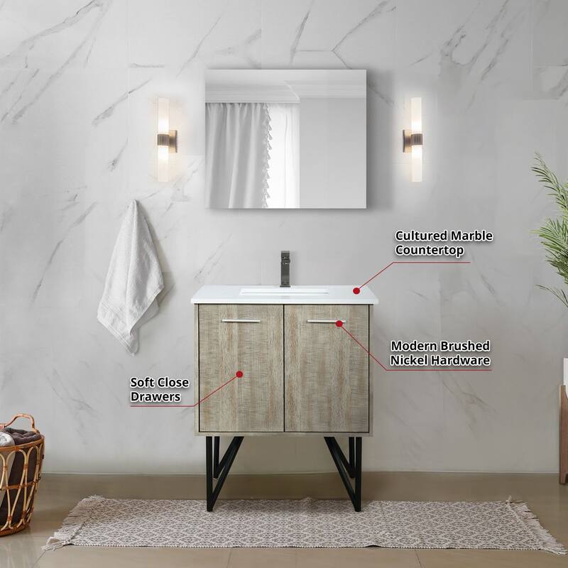 30 in. Rustic Acacia Bath Vanity with Marble Top, Rose Gold Labaro Faucet, and 28 in. Mirror, Soft-Close Doors, Bathroom Storage