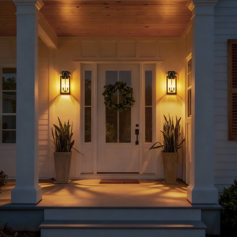 KAWOTI 2-Light Black & Gold Outdoor Lantern Wall Light - W8.25" x H20" x D9.5"