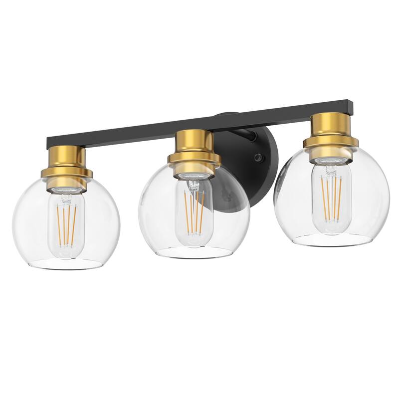 YANSUN 3-Light Vanity Light, Black and Gold Finish, E26 Sockets, Large Clear Glass Globe Shades for Modern Bathroom Lighting