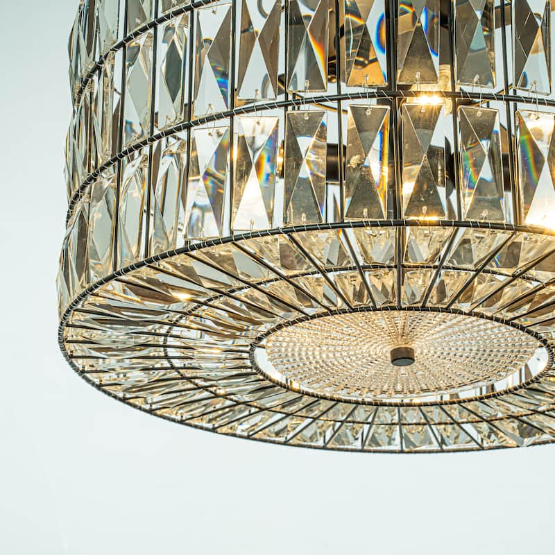 Modern Farmhouse Elegant Lantern Drum Crystal Chandelier in Matte Black for Dining Room