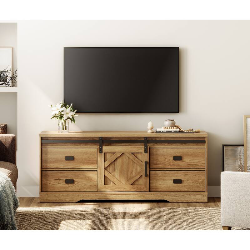 WAMPAT Farmhouse TV Stand with Sliding Barn Door for Living Room - Vintage Oak
