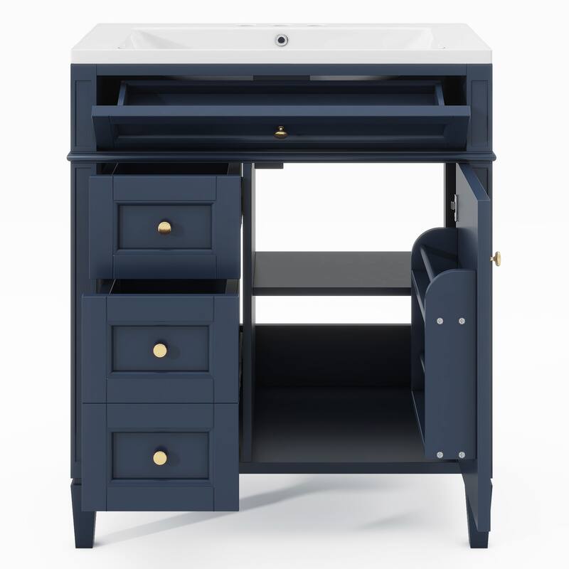 30-Inch Bathroom Vanity with Ceramic Undermount Sink, Mirror Cabinet, 3 Soft-Close Drawers, and Modern Design