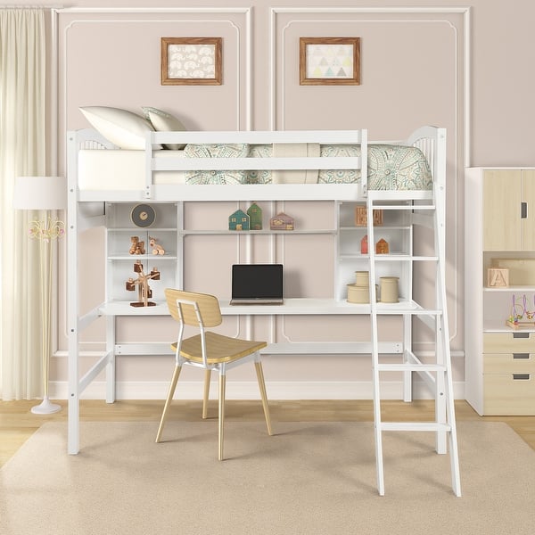 slide 2 of 25, Space-Saving Bookcase Bed Twin Size Loft Bed with Built-in Desk, Storage Shelves, Convertible Ladder and Safety Guardrails White - Twin