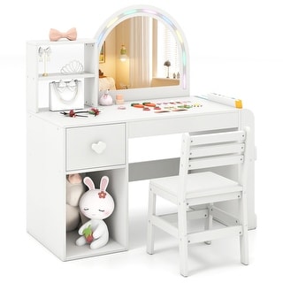 Gymax Kids Vanity Desk w/ Lights Open Bookshelf Storage Drawer