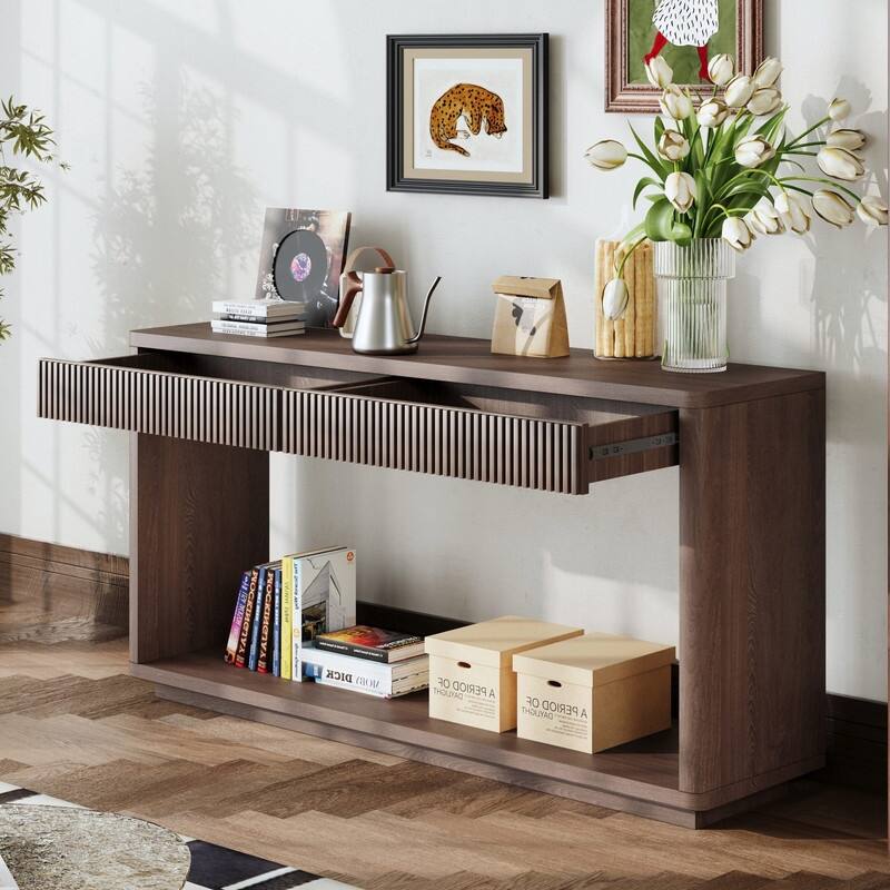 Modern 60-Inch Fluted Console Table with 2 Drawers for Living Room and Hallway Furniture Storage