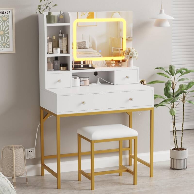 Makeup Vanity with Mirror and LED Lights, Charging Station, 4 Drawers, Shelves, Stool