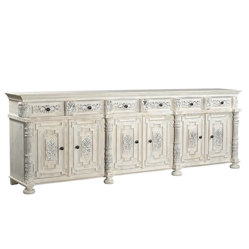 HomeRoots 118" White Distressed Solid Wood Carved Floral Six Drawer Sideboard with Six Doors