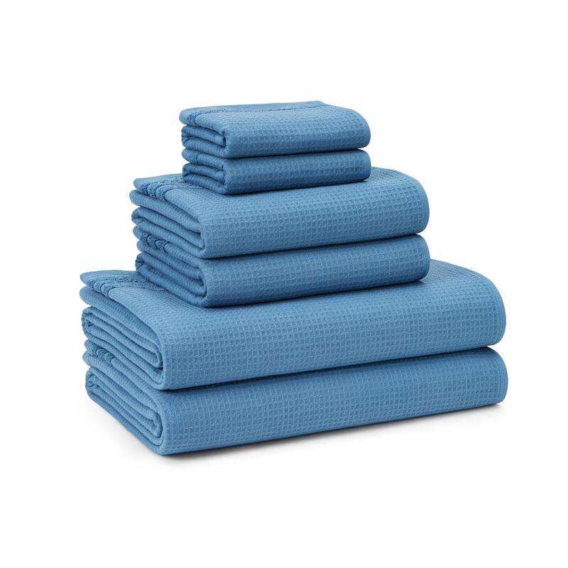 TOWN & COUNTRY BASICS 6-Piece Assorted Waffle Woven Terry Stripe Set, 2 Bath, 2 Hand, 2 Wash, 100% Cotton, Quick Dry
