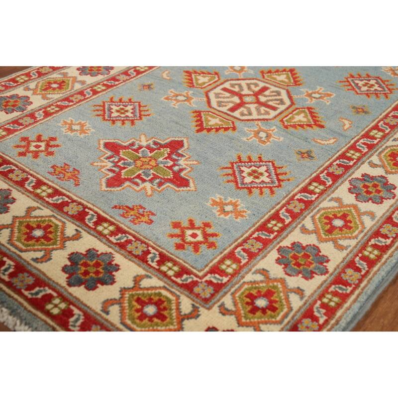 Light Blue Kazak Foyer Rug Handmade Geometric Wool Carpet - 2'8"x 4'0"