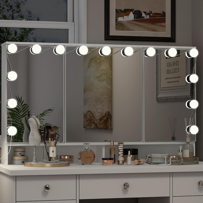 White Makeup Vanity - LED Mirror, USB-Powered Lights, Dresser Table